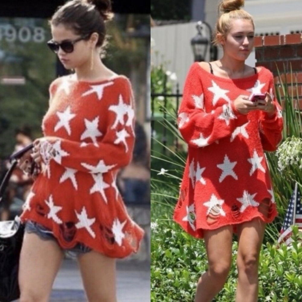WILDFOX Couture Seeing Stars Red Long Sleeve Destroyed Sweater Pullover Top